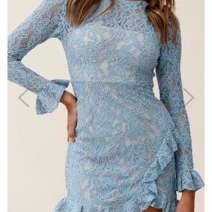Selfie Leslie’s “Tilly Lace Overlay Ruffle Trimmed Back Dress Midnight Blue”